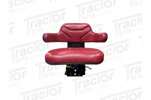 Universal Replacement Red PVC Wrap Around Mechanical Adjustable Narrow Suspension Adjustable Angle Seat With Slide and Weight Adjustment For Vehicles Such As Tractors Forklift Loader Excavator Truck Dumper Roller Telehandler Backhoe