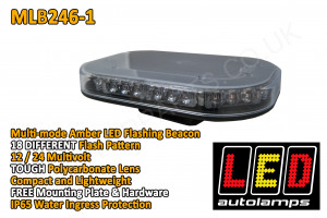 Mini LED Flashing Amber Lightbar Beacon Single Bolt ECE R10 Approved 30 x 1.5 Watt 12/24 Volt 18 Patterns LED Autolamps Universal Fitment Mounting Plate