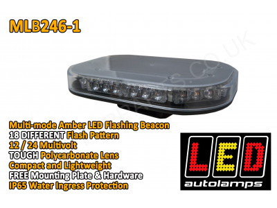 Mini LED Flashing Amber Lightbar Beacon Single Bolt ECE R10 Approved 30 x 1.5 Watt 12/24 Volt 18 Patterns LED Autolamps Universal Fitment Mounting Plate